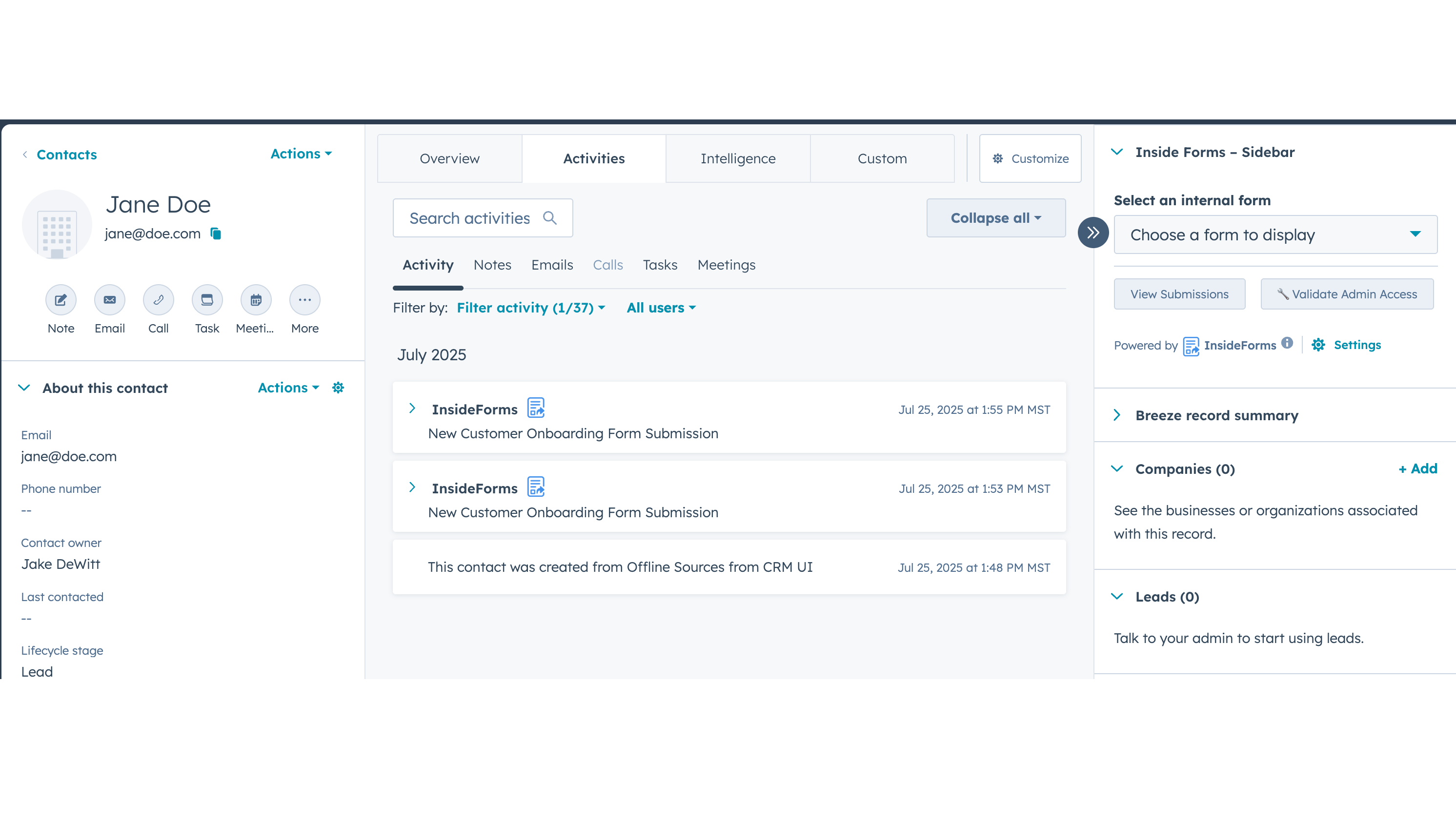Easily see in your HubSpot record activities form submissions.
